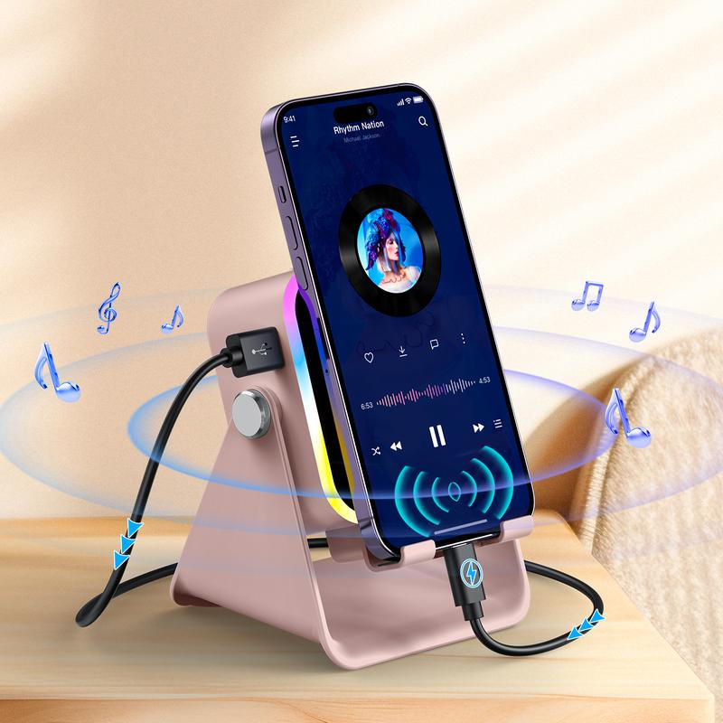 5-in-1 Wireless Induction Speaker with Phone Holder, 360Β° Adjustable Phone & Tablet Stand, 3500mAh Rechargeable Power Bank and Colorful Ambient LED Light