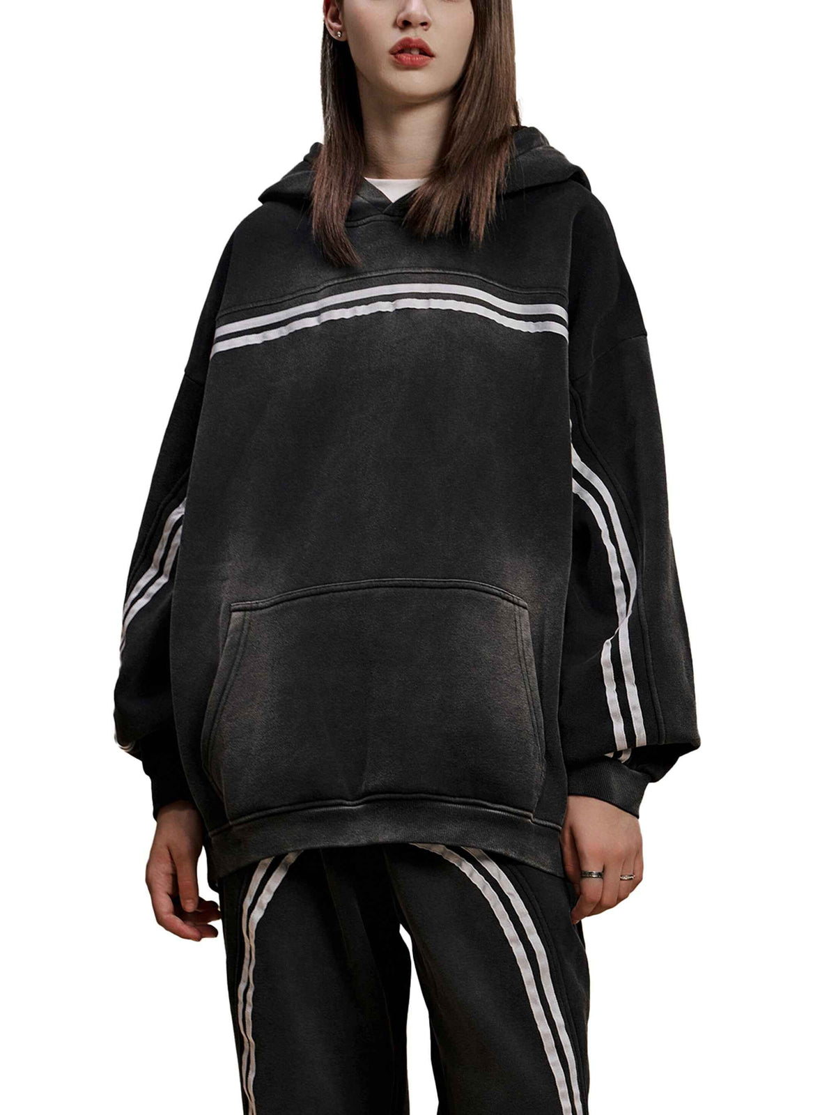 Black Eclipse Track Sun Fade Hoodie Contrast Tape Fleece Streetwear Oversized Y2K Tracksuit Set