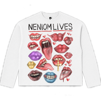 Neniom Lives Lips Boxy Waffle Long Sleeve Thermal Oversized Graphic Sweater Streetwear Y2K