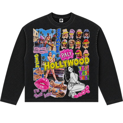 Neniom Hollywood Collage Vintage Wash Boxy Long Sleeve Thermal Oversized Graphic Sweater Streetwear Y2K