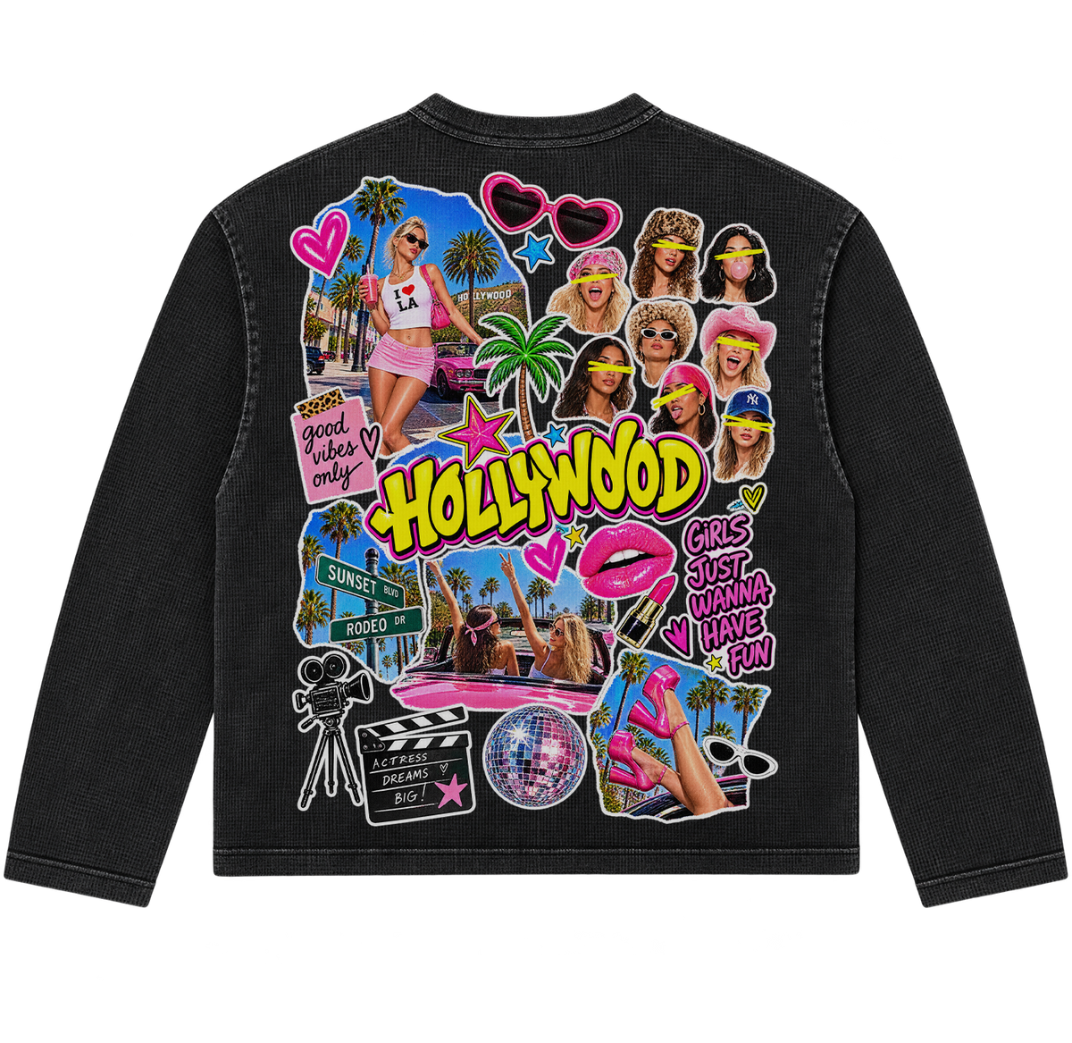 Neniom Hollywood Collage Vintage Wash Boxy Long Sleeve Thermal Oversized Graphic Sweater Streetwear Y2K
