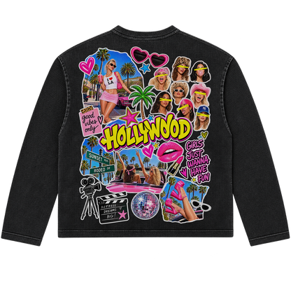 Neniom Hollywood Collage Vintage Wash Boxy Long Sleeve Thermal Oversized Graphic Sweater Streetwear Y2K