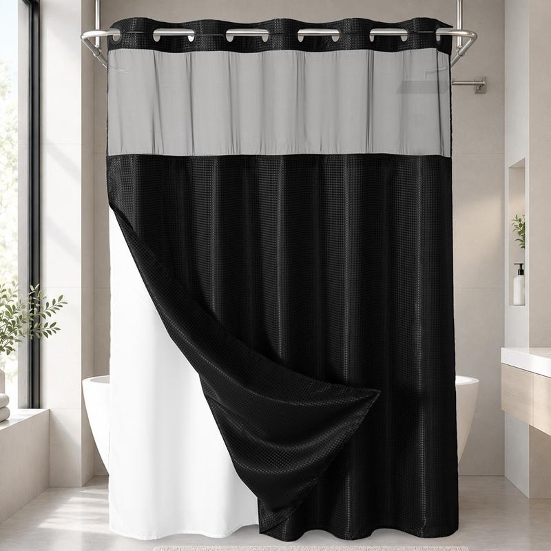 No Hook Shower Curtain with Snap-In Liner, Waffle Weave Waterproof Shower Curtain, Double-Layer Design with Removable Washable Liner