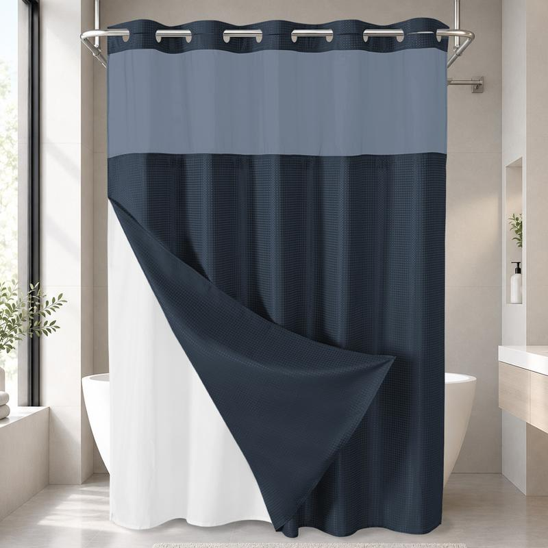 No Hook Shower Curtain with Snap-In Liner, Waffle Weave Waterproof Shower Curtain, Double-Layer Design with Removable Washable Liner