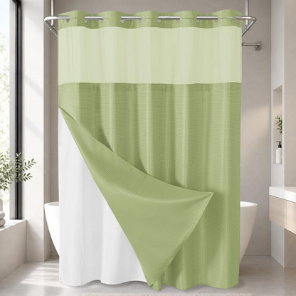 No Hook Shower Curtain with Snap-In Liner, Waffle Weave Waterproof Shower Curtain, Double-Layer Design with Removable Washable Liner