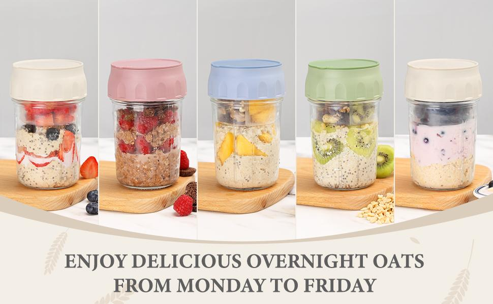 16oz Glass Overnight Oats Containers with Lids & Folding Spoons – Reusable Meal Prep Jars with Divided Compartments for Yogurt, Fruit, Granola, Snacks & Breakfast