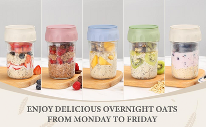 16oz Glass Overnight Oats Containers with Lids & Folding Spoons – Reusable Meal Prep Jars with Divided Compartments for Yogurt, Fruit, Granola, Snacks & Breakfast