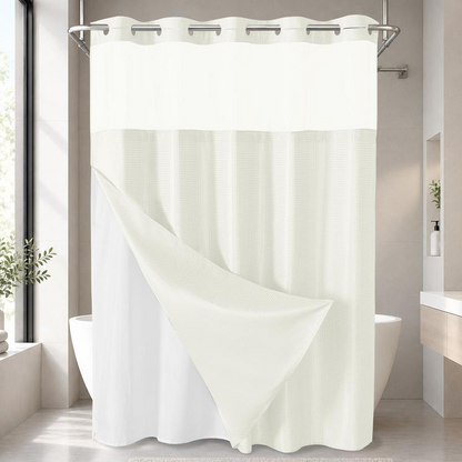 No Hook Shower Curtain with Snap-In Liner, Waffle Weave Waterproof Shower Curtain, Double-Layer Design with Removable Washable Liner