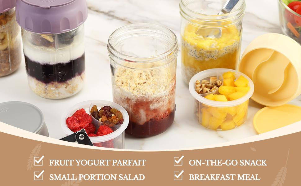 16oz Glass Overnight Oats Containers with Lids & Folding Spoons – Reusable Meal Prep Jars with Divided Compartments for Yogurt, Fruit, Granola, Snacks & Breakfast