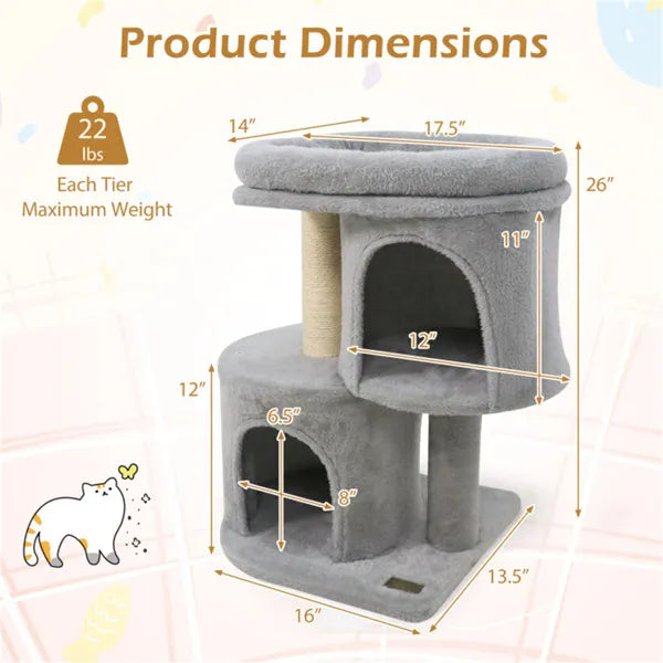 26" Compact Cat Tree With 2 Condos & Sisal Scratching Posts