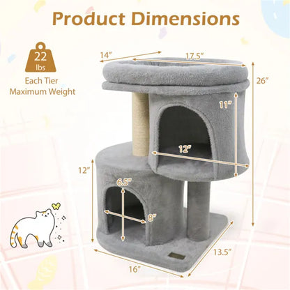 26" Compact Cat Tree With 2 Condos & Sisal Scratching Posts