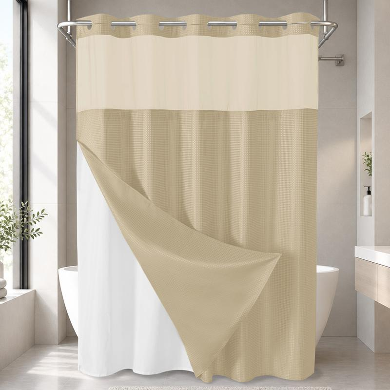 No Hook Shower Curtain with Snap-In Liner, Waffle Weave Waterproof Shower Curtain, Double-Layer Design with Removable Washable Liner