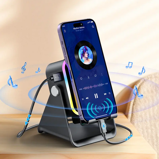 5-in-1 Wireless Induction Speaker with Phone Holder, 360° Adjustable Phone & Tablet Stand, 3500mAh Rechargeable Power Bank and Colorful Ambient LED Light