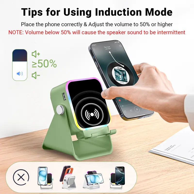 5-in-1 Wireless Induction Speaker with Phone Holder, 360° Adjustable Phone & Tablet Stand, 3500mAh Rechargeable Power Bank and Colorful Ambient LED Light