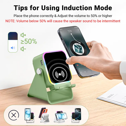 5-in-1 Wireless Induction Speaker with Phone Holder, 360° Adjustable Phone & Tablet Stand, 3500mAh Rechargeable Power Bank and Colorful Ambient LED Light