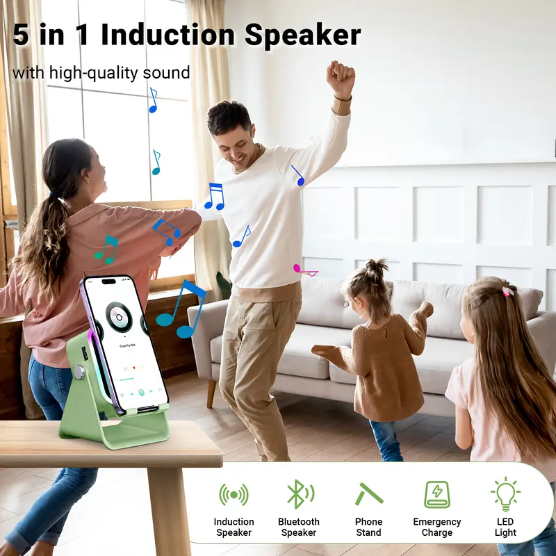 5-in-1 Wireless Induction Speaker with Phone Holder, 360° Adjustable Phone & Tablet Stand, 3500mAh Rechargeable Power Bank and Colorful Ambient LED Light