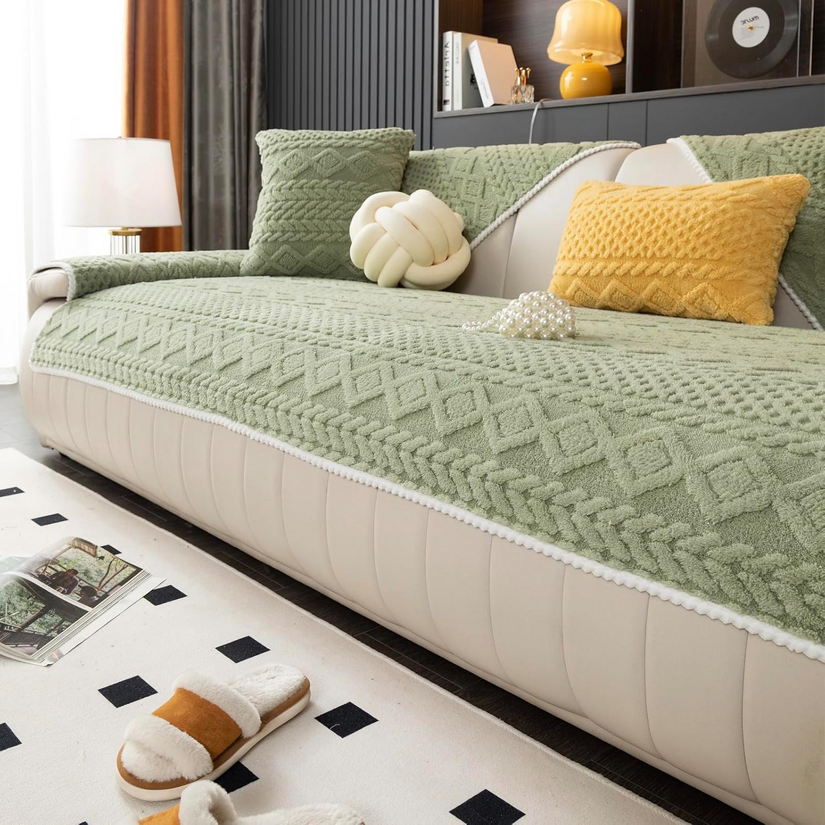 Soft Non-Slip Sofa Cover, Washable Couch Protector with Geometric Jacquard Pattern, Comfortable Furniture Cover for Living Room & Home