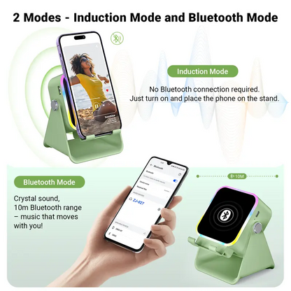 5-in-1 Wireless Induction Speaker with Phone Holder, 360° Adjustable Phone & Tablet Stand, 3500mAh Rechargeable Power Bank and Colorful Ambient LED Light