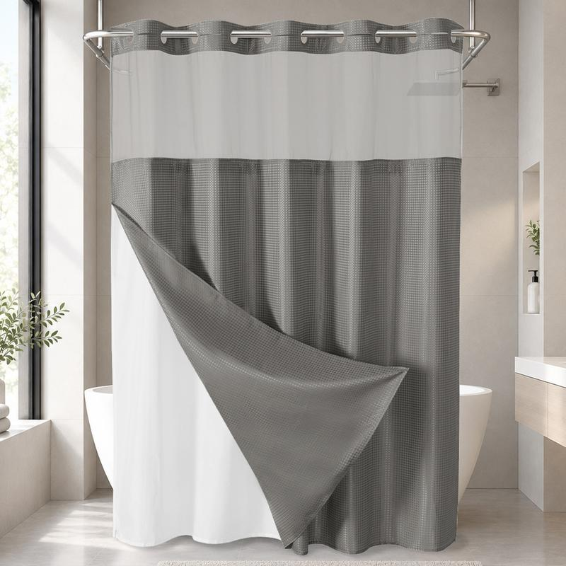 No Hook Shower Curtain with Snap-In Liner, Waffle Weave Waterproof Shower Curtain, Double-Layer Design with Removable Washable Liner