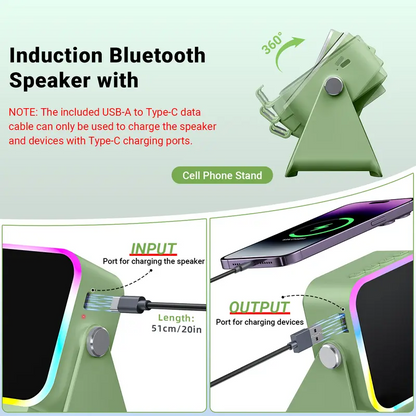 5-in-1 Wireless Induction Speaker with Phone Holder, 360° Adjustable Phone & Tablet Stand, 3500mAh Rechargeable Power Bank and Colorful Ambient LED Light