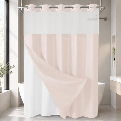 No Hook Shower Curtain with Snap-In Liner, Waffle Weave Waterproof Shower Curtain, Double-Layer Design with Removable Washable Liner