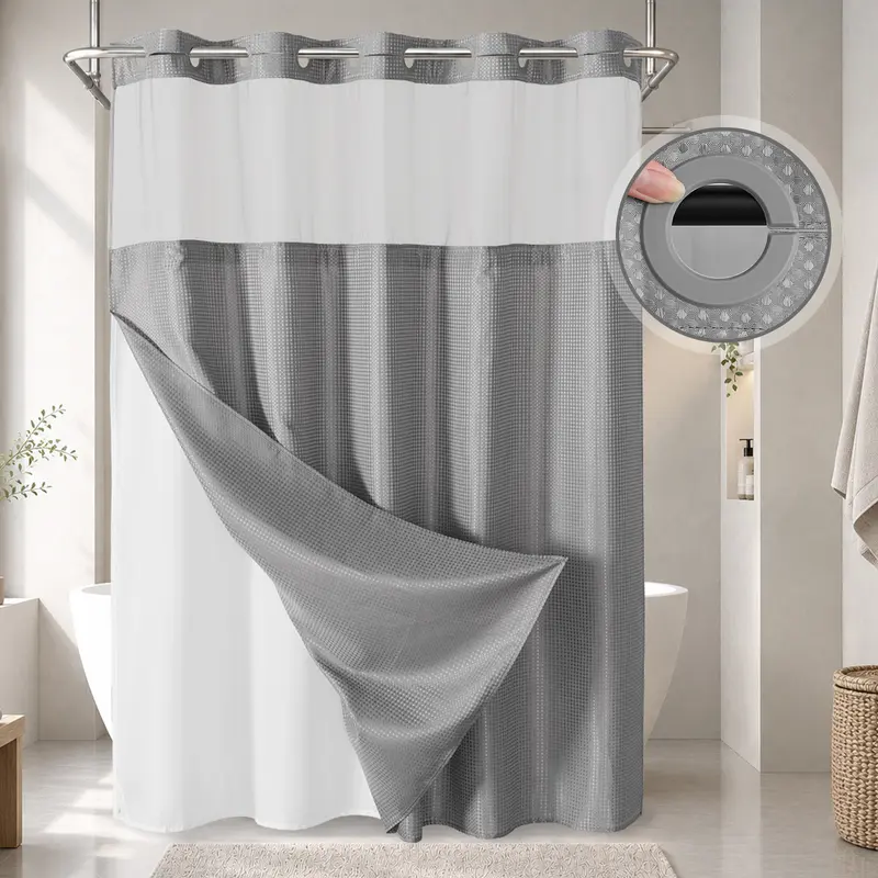 No Hook Shower Curtain with Snap-In Liner, Waffle Weave Waterproof Shower Curtain, Double-Layer Design with Removable Washable Liner