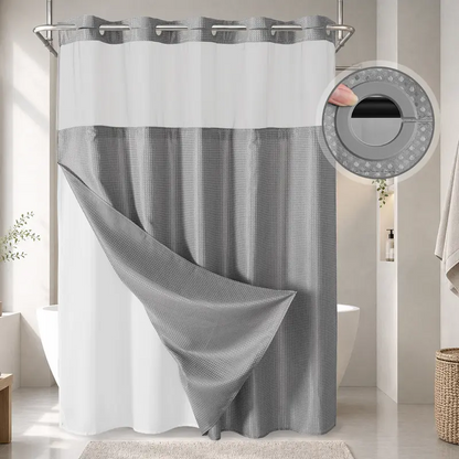 No Hook Shower Curtain with Snap-In Liner, Waffle Weave Waterproof Shower Curtain, Double-Layer Design with Removable Washable Liner