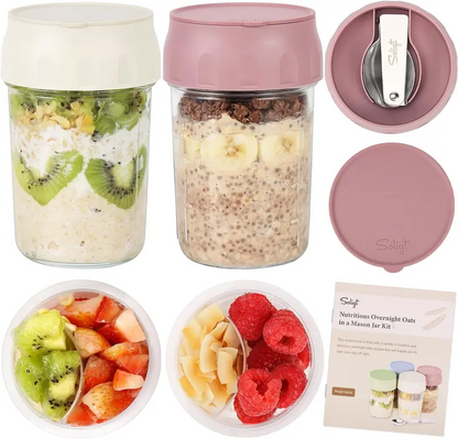16oz Glass Overnight Oats Containers with Lids & Folding Spoons – Reusable Meal Prep Jars with Divided Compartments for Yogurt, Fruit, Granola, Snacks & Breakfast