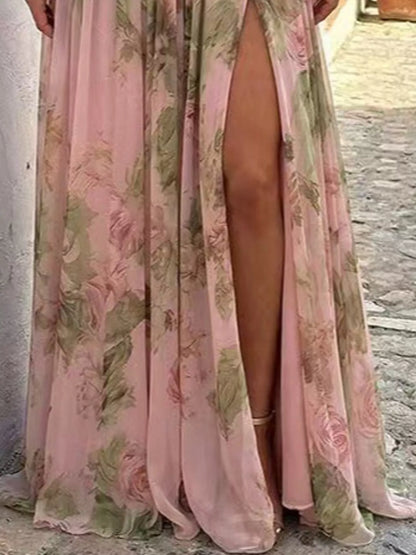 One-Shoulder Floral Chiffon Maxi Dress