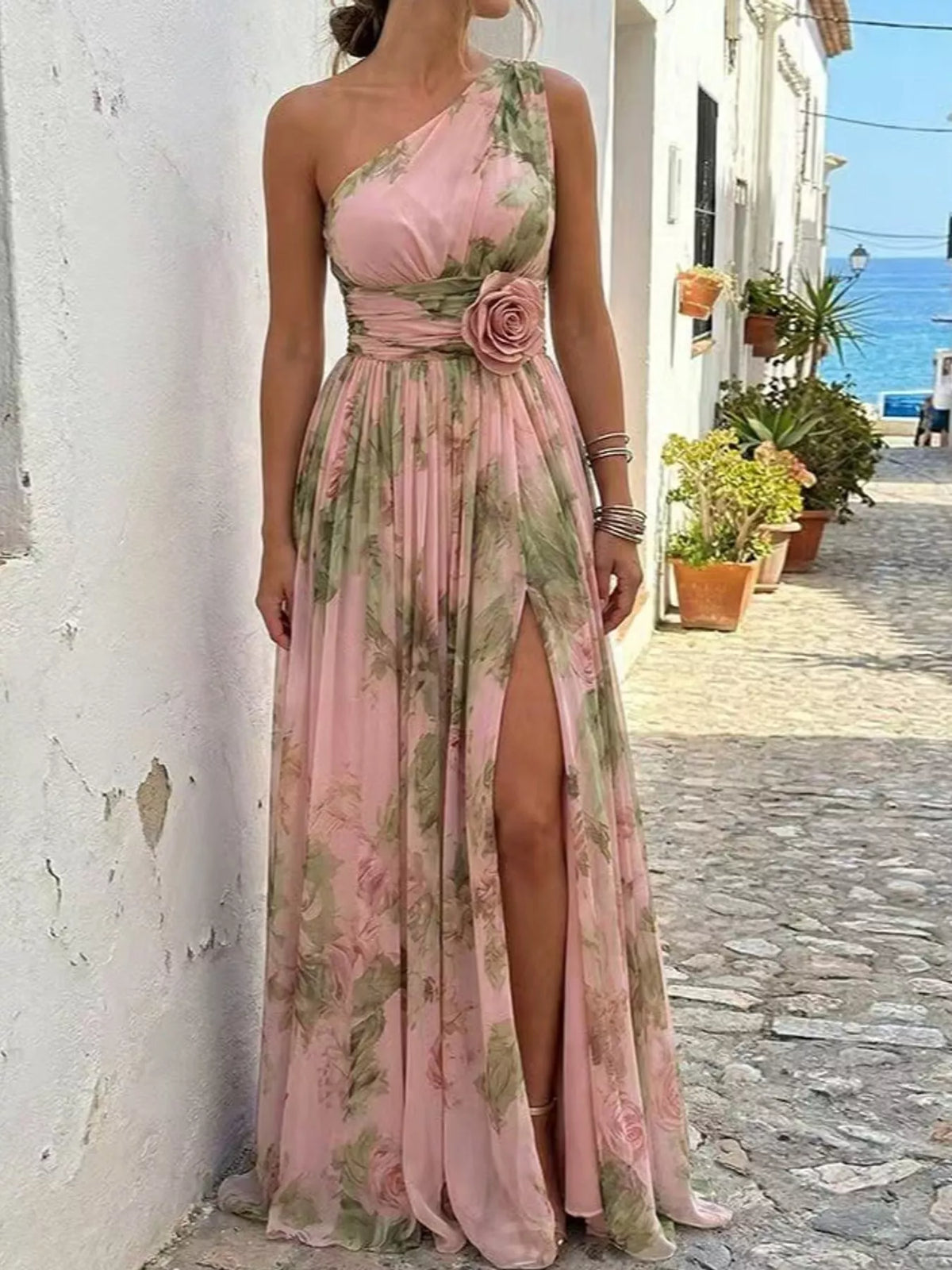 One-Shoulder Floral Chiffon Maxi Dress