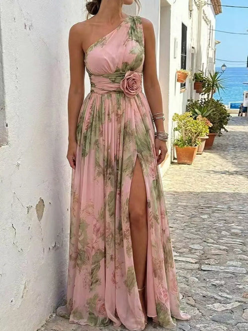 One-Shoulder Floral Chiffon Maxi Dress
