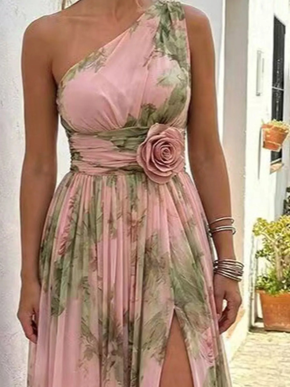 One-Shoulder Floral Chiffon Maxi Dress
