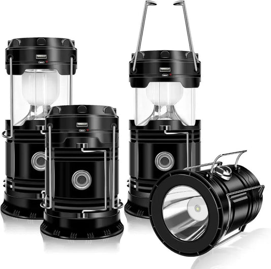 4-Pack Rechargeable Solar Camping Lanterns – LED Emergency Lights with Magnetic Base & Foldable Hanging Hook, Collapsible Battery-Powered Lamps for Camping, Hiking, Power Outages & Emergencies