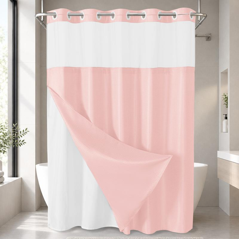 No Hook Shower Curtain with Snap-In Liner, Waffle Weave Waterproof Shower Curtain, Double-Layer Design with Removable Washable Liner