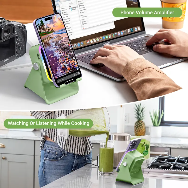 5-in-1 Wireless Induction Speaker with Phone Holder, 360° Adjustable Phone & Tablet Stand, 3500mAh Rechargeable Power Bank and Colorful Ambient LED Light