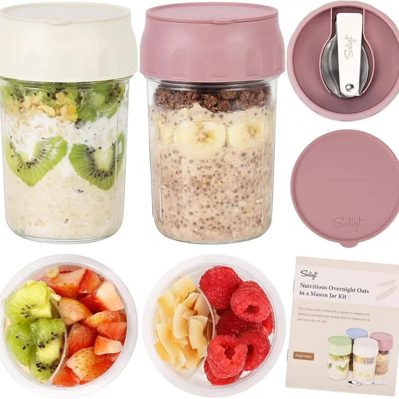 16oz Glass Overnight Oats Containers with Lids & Folding Spoons – Reusable Meal Prep Jars with Divided Compartments for Yogurt, Fruit, Granola, Snacks & Breakfast
