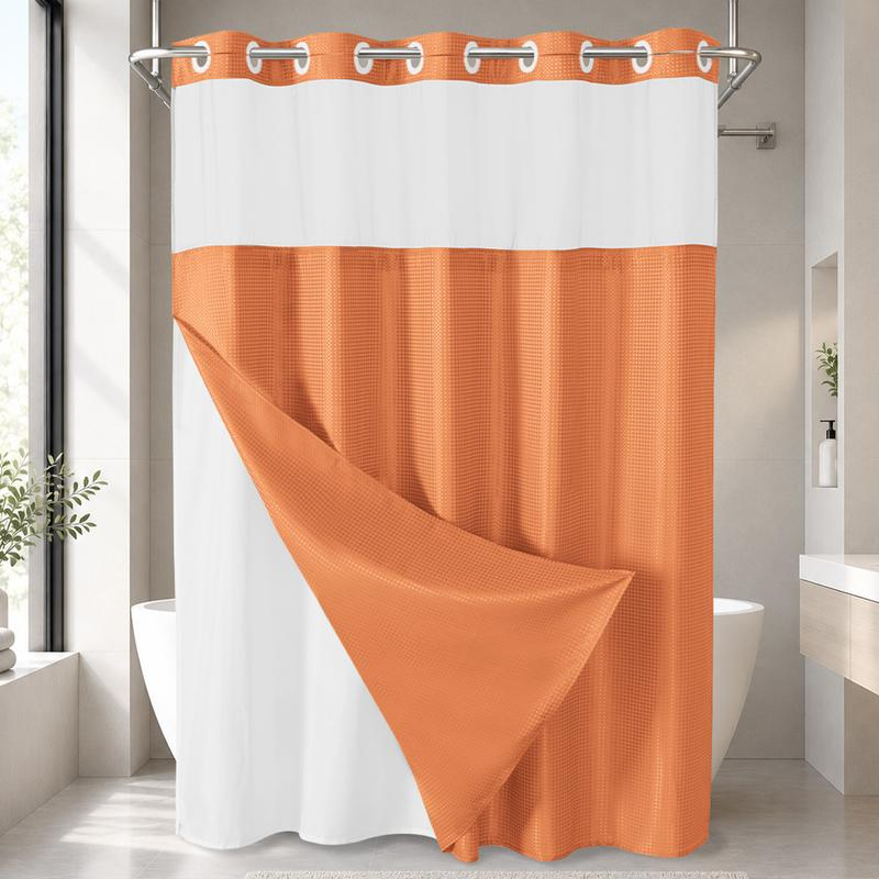 No Hook Shower Curtain with Snap-In Liner, Waffle Weave Waterproof Shower Curtain, Double-Layer Design with Removable Washable Liner