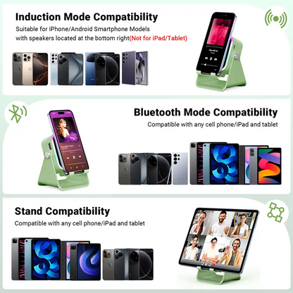 5-in-1 Wireless Induction Speaker with Phone Holder, 360° Adjustable Phone & Tablet Stand, 3500mAh Rechargeable Power Bank and Colorful Ambient LED Light