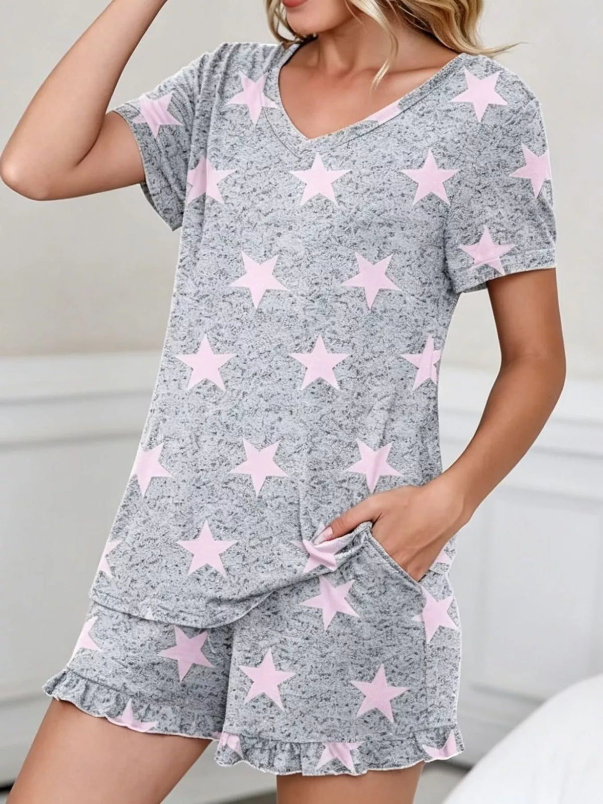 V-Neck Short Sleeve Lounge Set