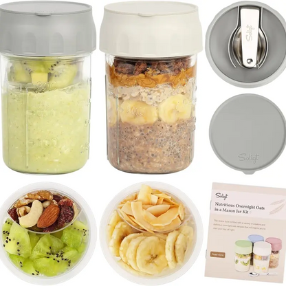 16oz Glass Overnight Oats Containers with Lids & Folding Spoons – Reusable Meal Prep Jars with Divided Compartments for Yogurt, Fruit, Granola, Snacks & Breakfast