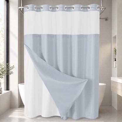 No Hook Shower Curtain with Snap-In Liner, Waffle Weave Waterproof Shower Curtain, Double-Layer Design with Removable Washable Liner