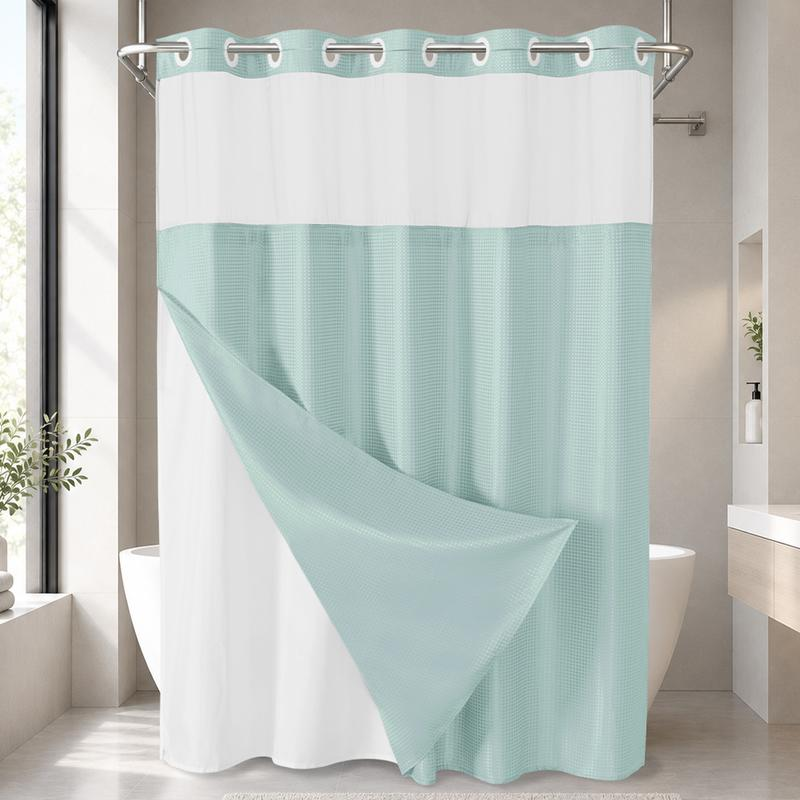 No Hook Shower Curtain with Snap-In Liner, Waffle Weave Waterproof Shower Curtain, Double-Layer Design with Removable Washable Liner