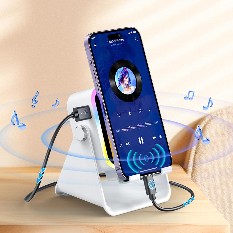 5-in-1 Wireless Induction Speaker with Phone Holder, 360° Adjustable Phone & Tablet Stand, 3500mAh Rechargeable Power Bank and Colorful Ambient LED Light