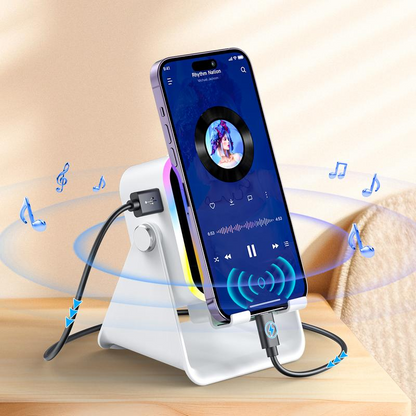 5-in-1 Wireless Induction Speaker with Phone Holder, 360° Adjustable Phone & Tablet Stand, 3500mAh Rechargeable Power Bank and Colorful Ambient LED Light