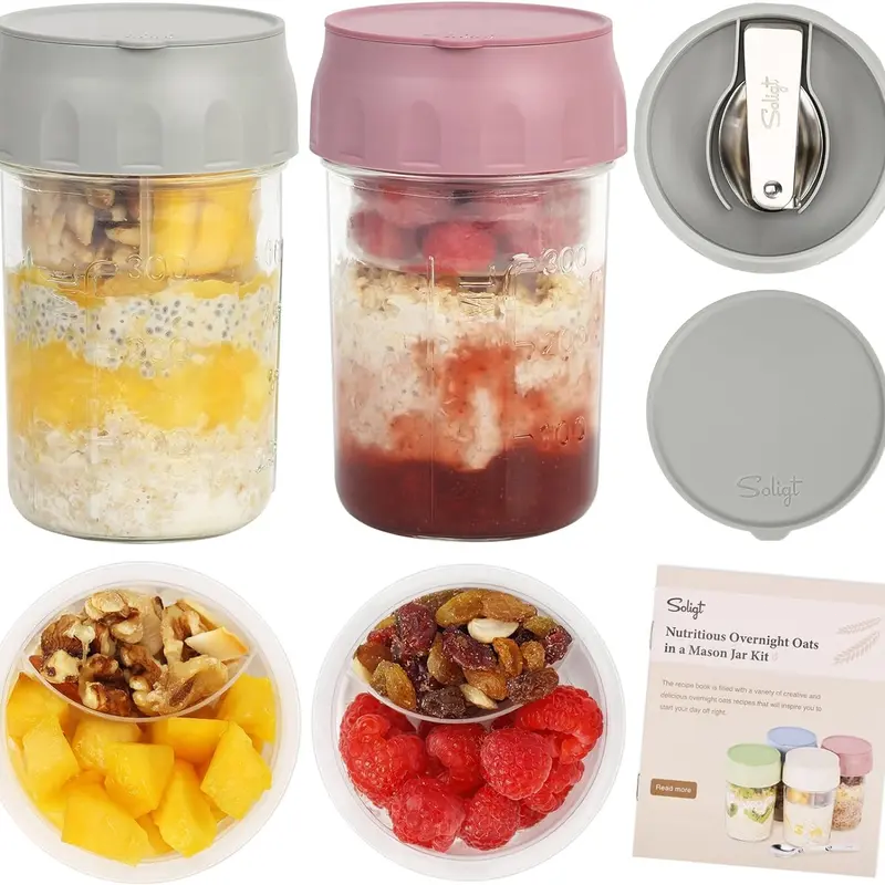 16oz Glass Overnight Oats Containers with Lids & Folding Spoons – Reusable Meal Prep Jars with Divided Compartments for Yogurt, Fruit, Granola, Snacks & Breakfast