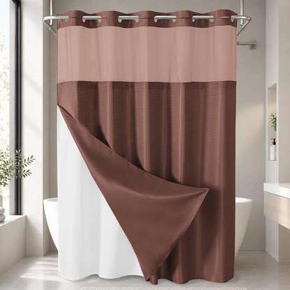 No Hook Shower Curtain with Snap-In Liner, Waffle Weave Waterproof Shower Curtain, Double-Layer Design with Removable Washable Liner