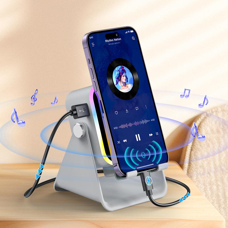5-in-1 Wireless Induction Speaker with Phone Holder, 360° Adjustable Phone & Tablet Stand, 3500mAh Rechargeable Power Bank and Colorful Ambient LED Light