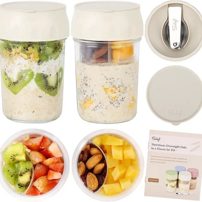 16oz Glass Overnight Oats Containers with Lids & Folding Spoons – Reusable Meal Prep Jars with Divided Compartments for Yogurt, Fruit, Granola, Snacks & Breakfast