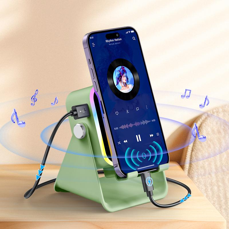 5-in-1 Wireless Induction Speaker with Phone Holder, 360° Adjustable Phone & Tablet Stand, 3500mAh Rechargeable Power Bank and Colorful Ambient LED Light