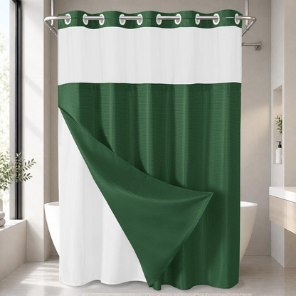 No Hook Shower Curtain with Snap-In Liner, Waffle Weave Waterproof Shower Curtain, Double-Layer Design with Removable Washable Liner